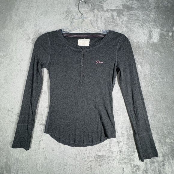 Aeropostale Shirt Juniors Large Gray‎ Pink Logo Henley Neutral Casual Bella Swan - Picture 2 of 6
